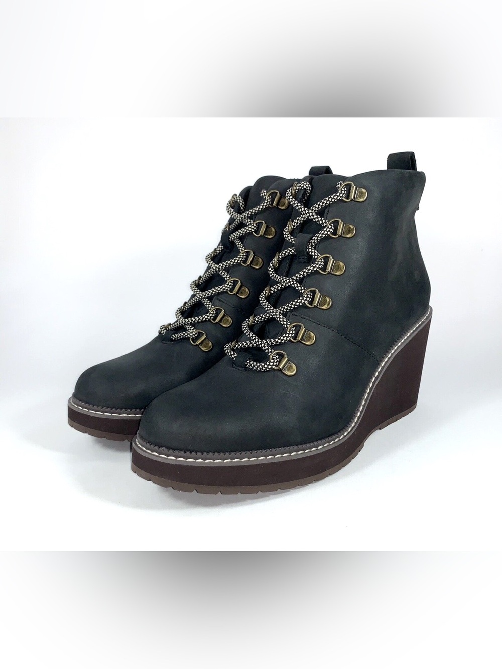 Toms Charcoal Black Lace-Up Wedge Ankle Boots